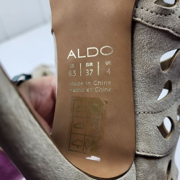 Aldo Tan Suede Laser-Cut Peep Toe Heels, Size 6.5 - Picture 4 of 16